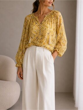 The Kooples Yellow Floral Tie-Neck Blouse